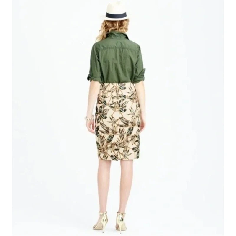 J.Crew Gold Foil Leaf Pencil Skirt Sz 12 Cotton Lined Back Vent 23" Length - Изображение 2 из 4