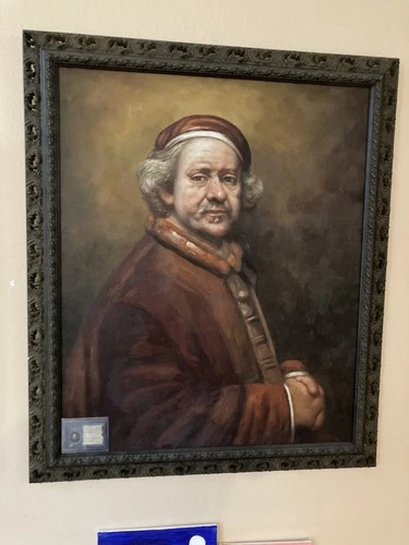 Hand Painted Replica Of “Self-portrait At 64” By Rembrandt. Large Framed Work.
