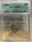 1937-S Buffalo Nickel 5c IGC MS63 Green Label Nice Coin
