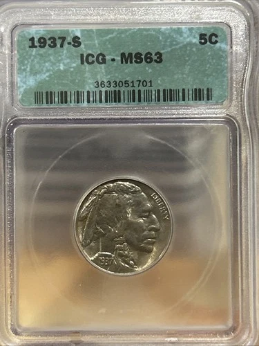 1937-S Buffalo Nickel 5c IGC MS63 Green Label Nice Coin