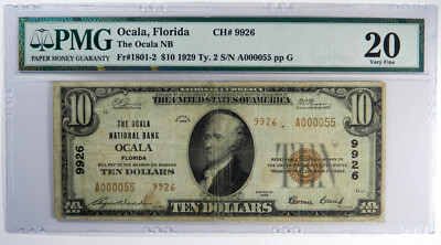 #ad #ad 1929 $10 Ty 2 The Ocala National Bank OCALA FL Charter #9926 Fr1801 2 PMG VF20 $1044.75
