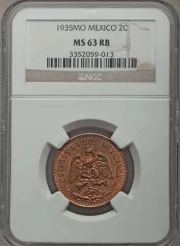 MEXICO ESTADOS UNIDOS 1935  2 CENTAVOS COIN CERTIFIED UNCIRCULATED NGC MS63-RB