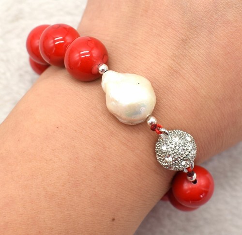 Huge 14mm Genuine Red Coral Gems White Baroque Pearl Bracelet 7.5" - Picture 8 of 12