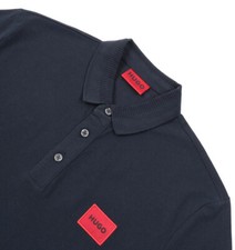 Image of HUGO Mens Polo Shirt Dereso Red HUGO Logo Raw Material Polo in Dark Blue