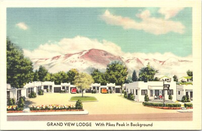 Linen Postcard Grand View Lodge Pikes Peak in Background 3212 W. Colorado Ave