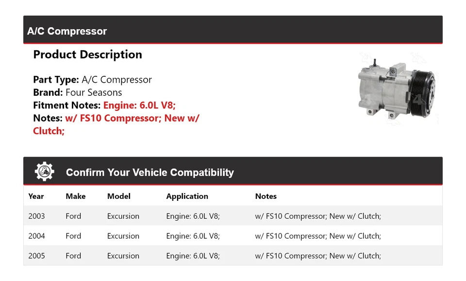 Para 2003-2005 Ford Excursion 6.0L V8 A/C Compresor 4 Seasons 2004 Foto 2 de 4