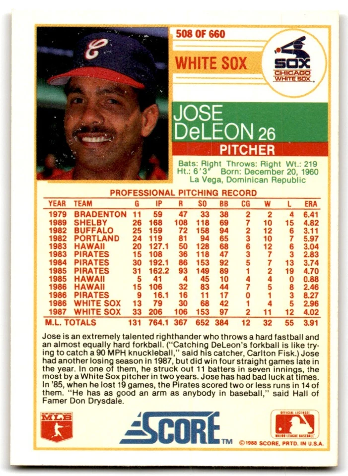 1988 Score Jose DeLeon Chicago White Sox #508 - Image 2 of 2