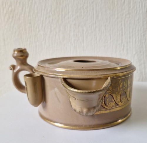 Georgian Porcelain Butterscotch Gilded Cylinder Ink Well Double Wing Handle VGC - Picture 12 of 15