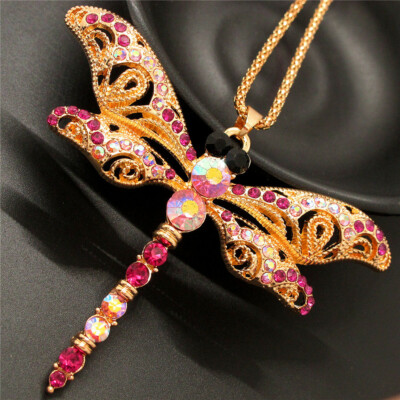 Fashion Women   Pink Bling Insect Dragonfly Crystal Pendant Chain Necklace