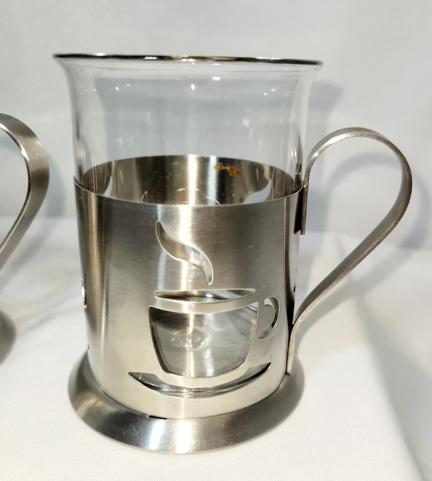 Lote de 4 BergHoff INTL Bélgica Prensa Francesa Acero Inoxidable Vidrio 6 oz. Tazas de té Foto 3 de 4