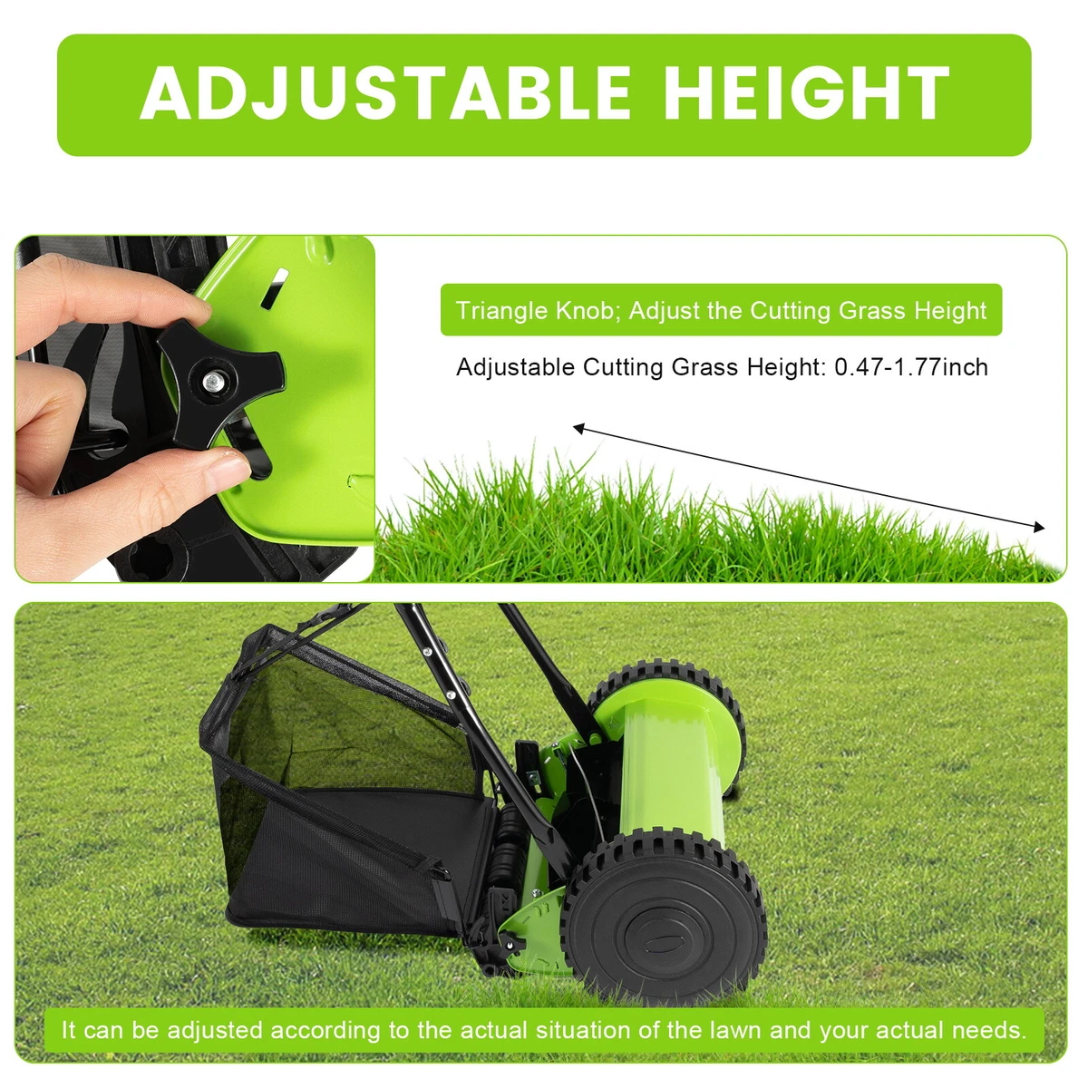 12 Manual Lawn Mower Hand Push Reel Walk-Behind Grass Catcher Adjustable  Height