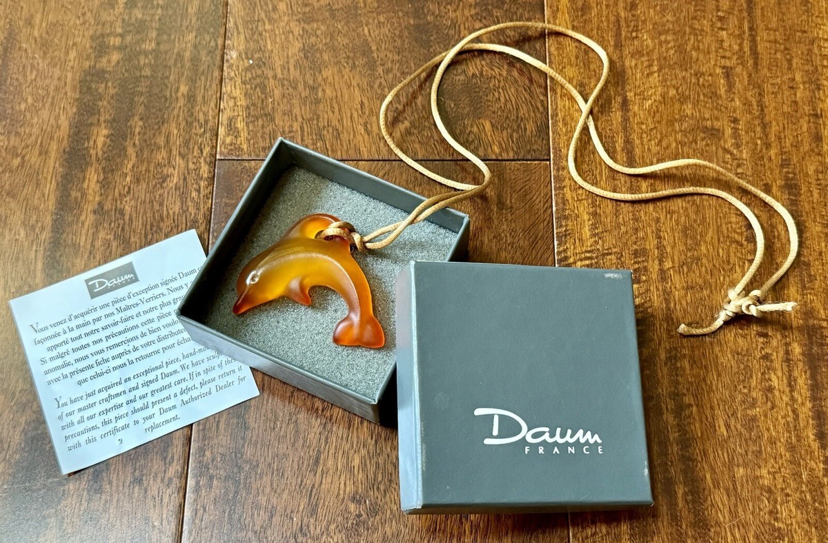 DAUM France Orange Crystal Dolphin Pendant Pate de Verre New In