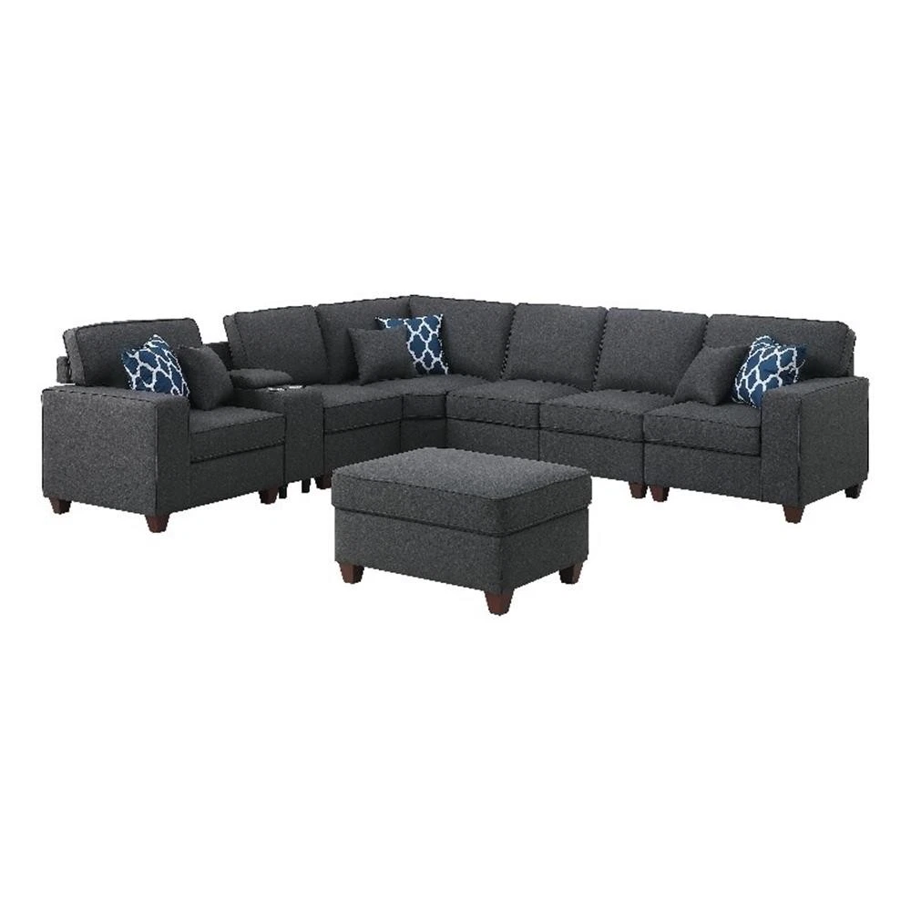 8-Piece Linen Fabric Upholstered Sectional With Console & Ottoman-Dark Gray Review