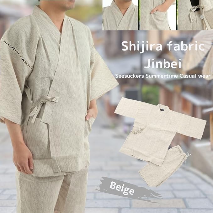 Edoten Men's Japanese Jinbei Kimono Beige Cotton Set Size Large (03) image 2