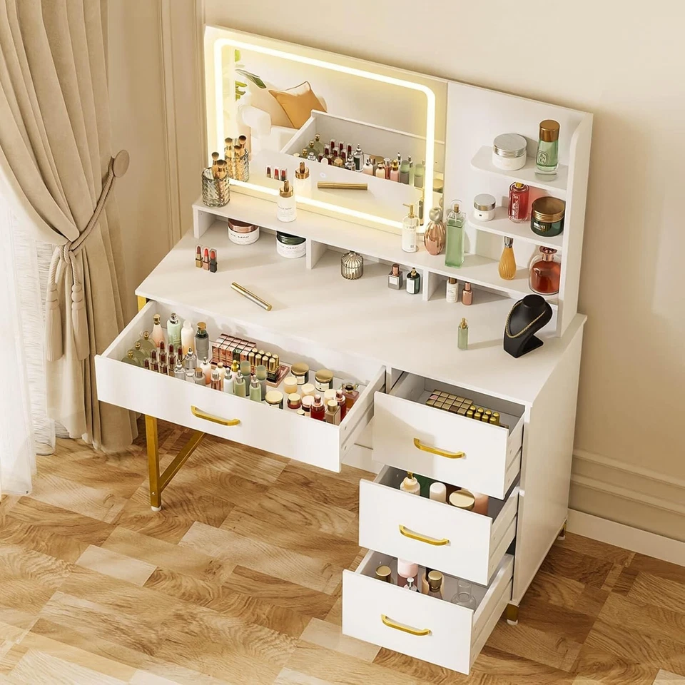 Tocador Escritorio con Espejo y Luces, Tocador Moderno Maquillaje Tocador Dormitorio Foto 2 de 4