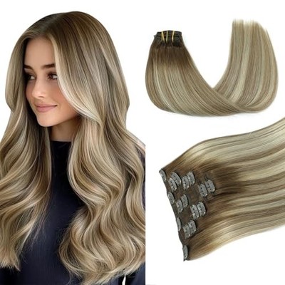 Clip in Human Hair Extensions Balayage Walnut Brown 16 Inch-120g-7pcs #3/8/22
