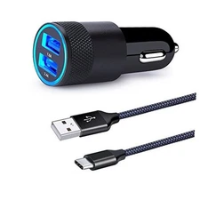 USB Type C Car Charger, Dual Port Car Adapter with 6ft Fast Charge USB C Cable 