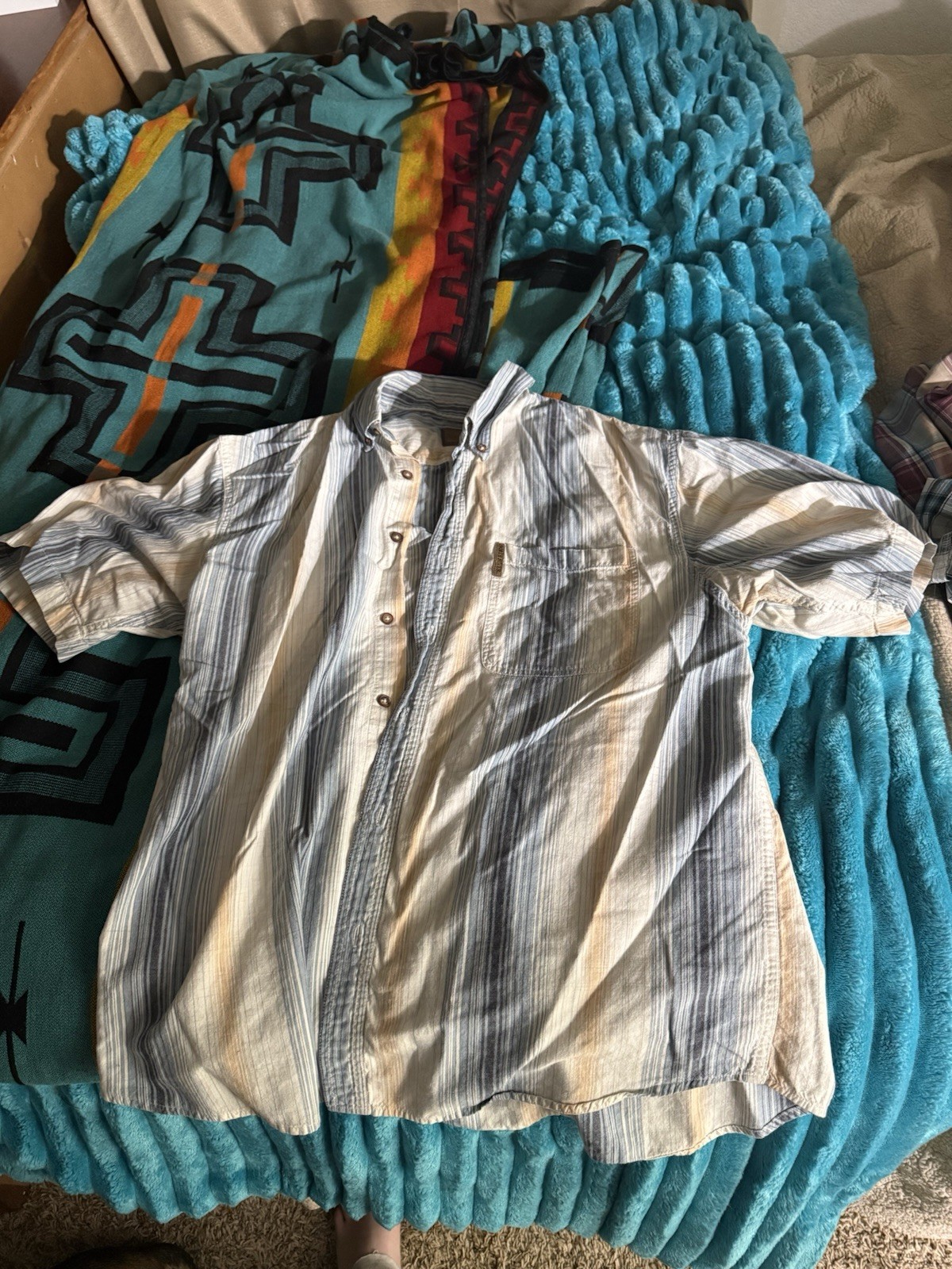 North River Men's XL Beige Blue Striped Short Sleeve Button-Up Shirt