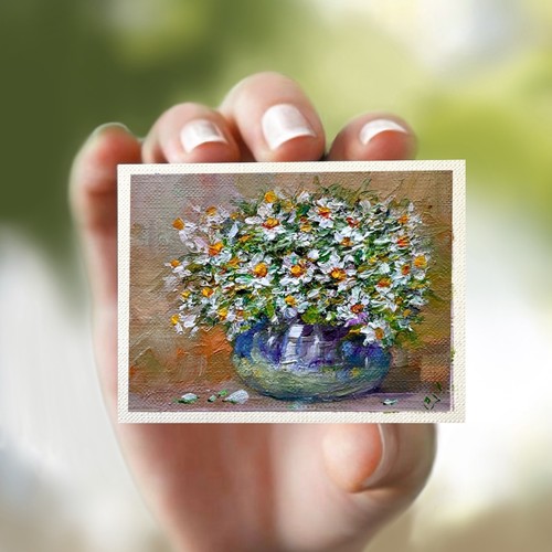 ACEO Original Oil Painting Daisies Flowers Art Card 2.5x3.5in Signed by OlgaS