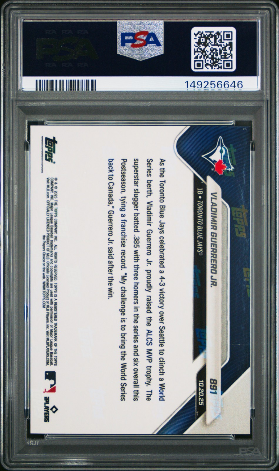 Topps Now 2025 Vladimir Guerrero Jr. Black Foil Card #891 Blue Jays 07/10 PSA 10 view 2