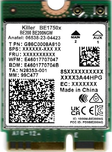 Intel Killer Wi-Fi 7 BE1750, 2.4GHz/5GHz/6GHz WLAN, Bluetooth 5.4, M.2/E-Key