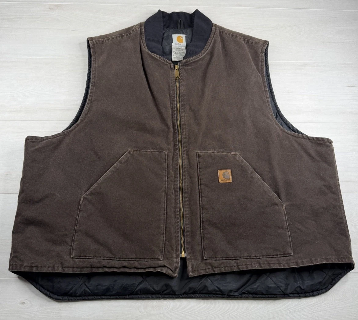 Vtg Carhartt V02 DKB Vest Quilt Lined Full Zip Canvas Duck Work USA Made Y2K 4XL