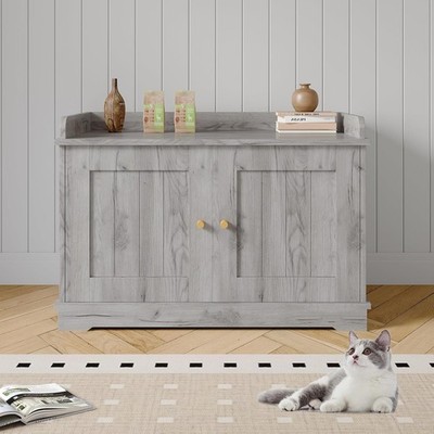 Wooden Hidden Cat Litter Box Enclosure with Side Entry Door & Wide Cat Perch Top