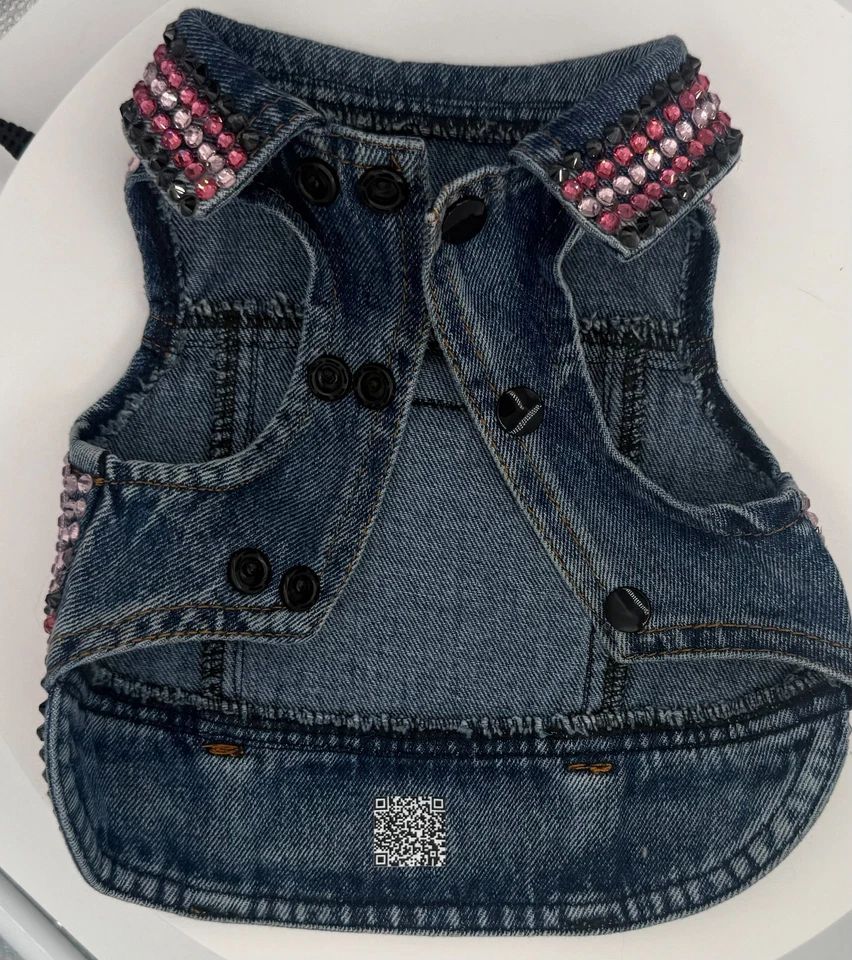 DOG BLING Rose, Lt Rose and Black Rhinestone Denim Jacket w/Harness-Leash Ring - Image 3 of 4