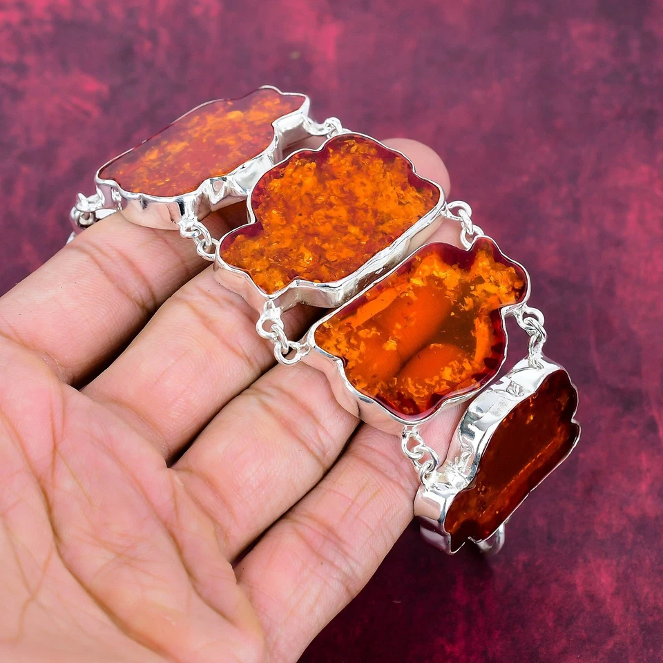 Pulseira incrível de prata esterlina 925 feita à mão com pedra preciosa âmbar do Báltico - Imagem 2 de 4