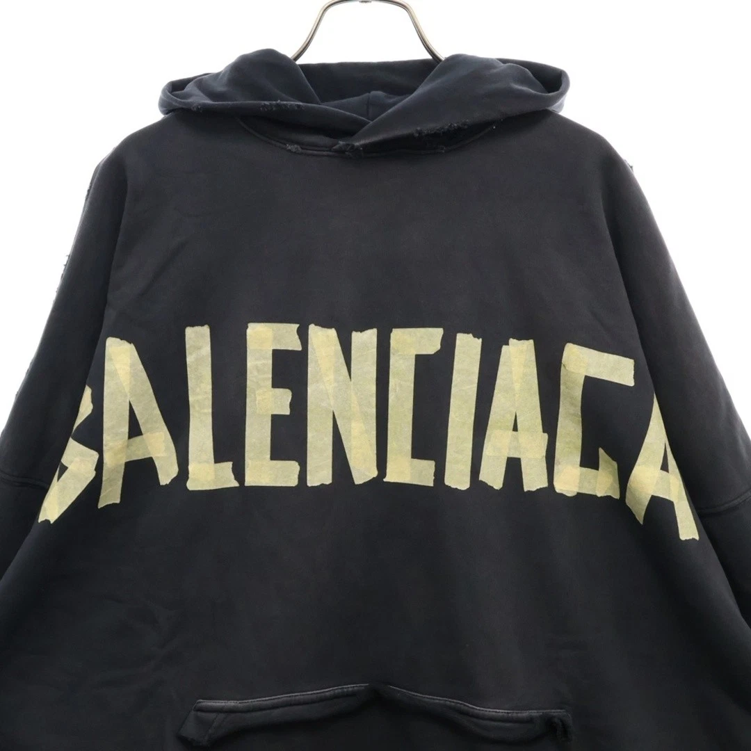 Felpa con cappuccio BALENCIAGA 23SS nastro stampa logo invecchiato pullover nero usata 00a6