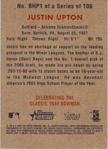 2006 Bowman Heritage #BHP1 Justin Upton Prospects - Picture 2 of 2