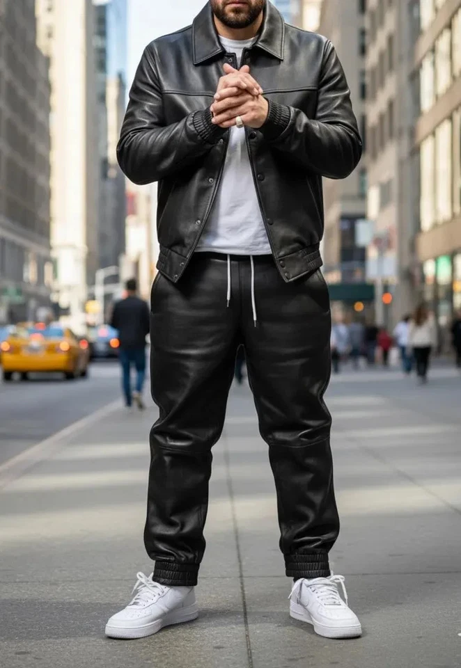 Chándal de cuero real para hombre - Hecho a mano Jogging Gimnasio Ropa Conjunto completo Chaqueta y pantalones Foto 2 de 4