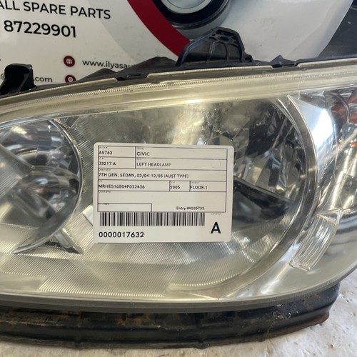 HONDA CIVIC LEFT HEADLAMP 7TH GEN, SEDAN, 02/04-12/05 (AUST TYPE) 04 05 - Picture 2 of 6