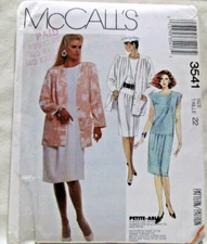 McCalls Pattern 3541 Size 22 Misses Unlined Jacket and Dress Uncut 1988