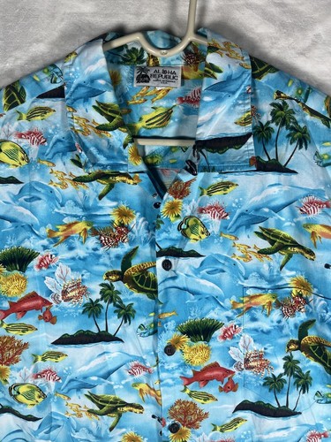 Aloha Republic Mens XL Shirt Blue Hawaiian Turtle Fish Tropical Palm Button Up - Picture 13 of 16