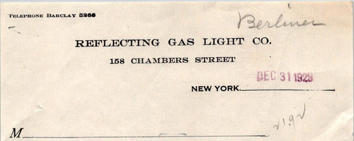 1929 Reflecting Gas Light Co Electric Service Billhead NEW YORK CITY  BS238