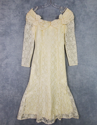 princess polly baby blue dress Vtg 70s Womens Wedding Dress Size S Beige Lace Pearls Off Shoulder Mermaid  Gown