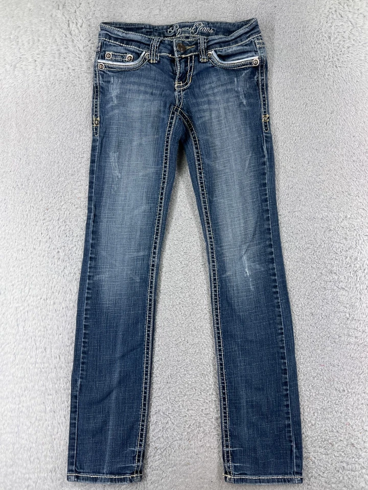 Pantalones de mezclilla para mujer Request 0 azul ajustados desgastados bordados 23x30 Foto 2 de 4