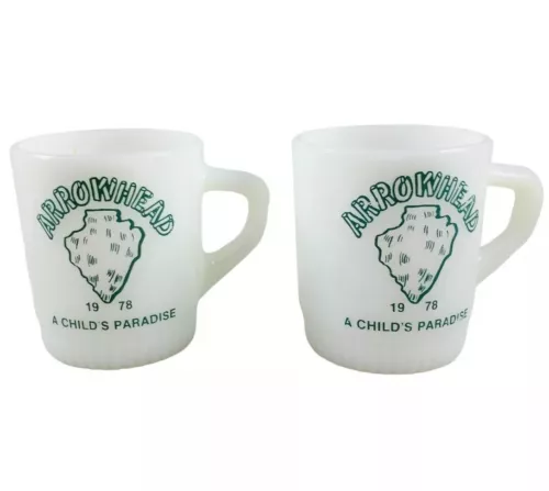 2 VTG Fire King Milk Glass Arrowhead Camp 1978 A Child's Paradise Stackable Mugs