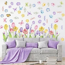6 LARGE SHEETS OF SPRING FLOWER - BUTTERFLY - DRAGONFLY ART WALL STICKERS