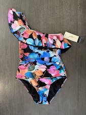 Profile Gottex One Shoulder Floral Ruffle One Piece Swimsuit 10 NWT