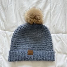 C.C Beanie Knit Faux Fuzzy Fur Pom Fleece Lined Blue Winter Fall Classic