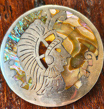 Vintage TAXCO MEXICO 925 Aztec Warrior Abalone / MOP Sterling Silver Pendant Pin