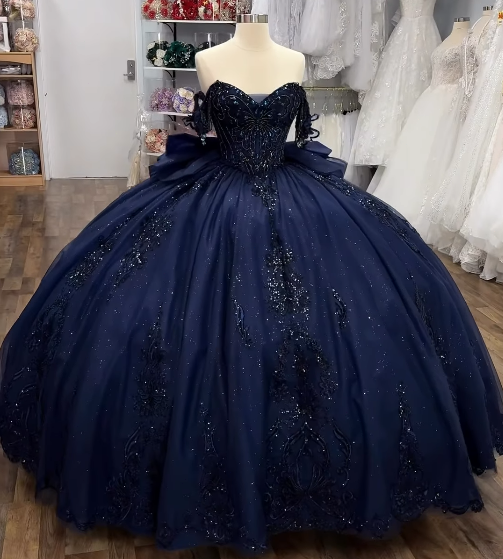 Navy Sequined Quinceanera Dresses Sweetheart Glitter Princess with Bow Ball Gown
