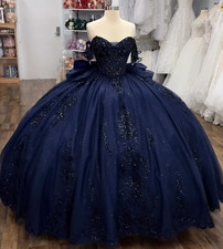Navy Sequined Quinceanera Dresses Sweetheart Glitter Princess with Bow Ball Gown