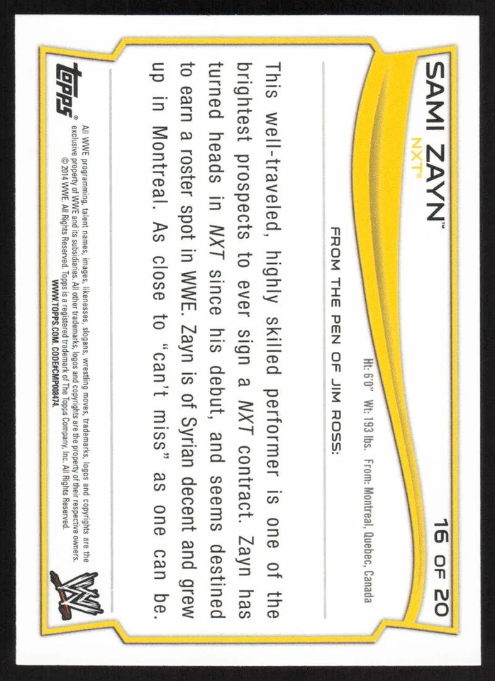 2014 Topps WWE NXT Prospects Rookie #16 Sami Zayn - Image 2 of 2