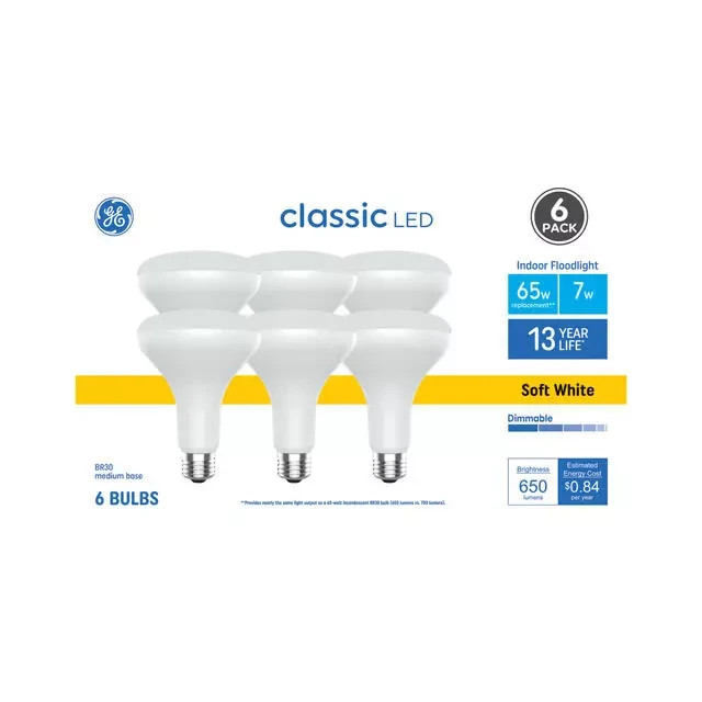 6 GE 65 Watt BR30 Indoor Flood Light Bulbs, Classic LED, Soft White, Dimmable