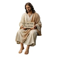 Jesus Resin Figurine with “I Am with You Always” Sign, Handmade SittingStatue