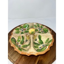 Vintage Italian Style Majolica Ceramic Divided Serving Dish Floral Pear Handle