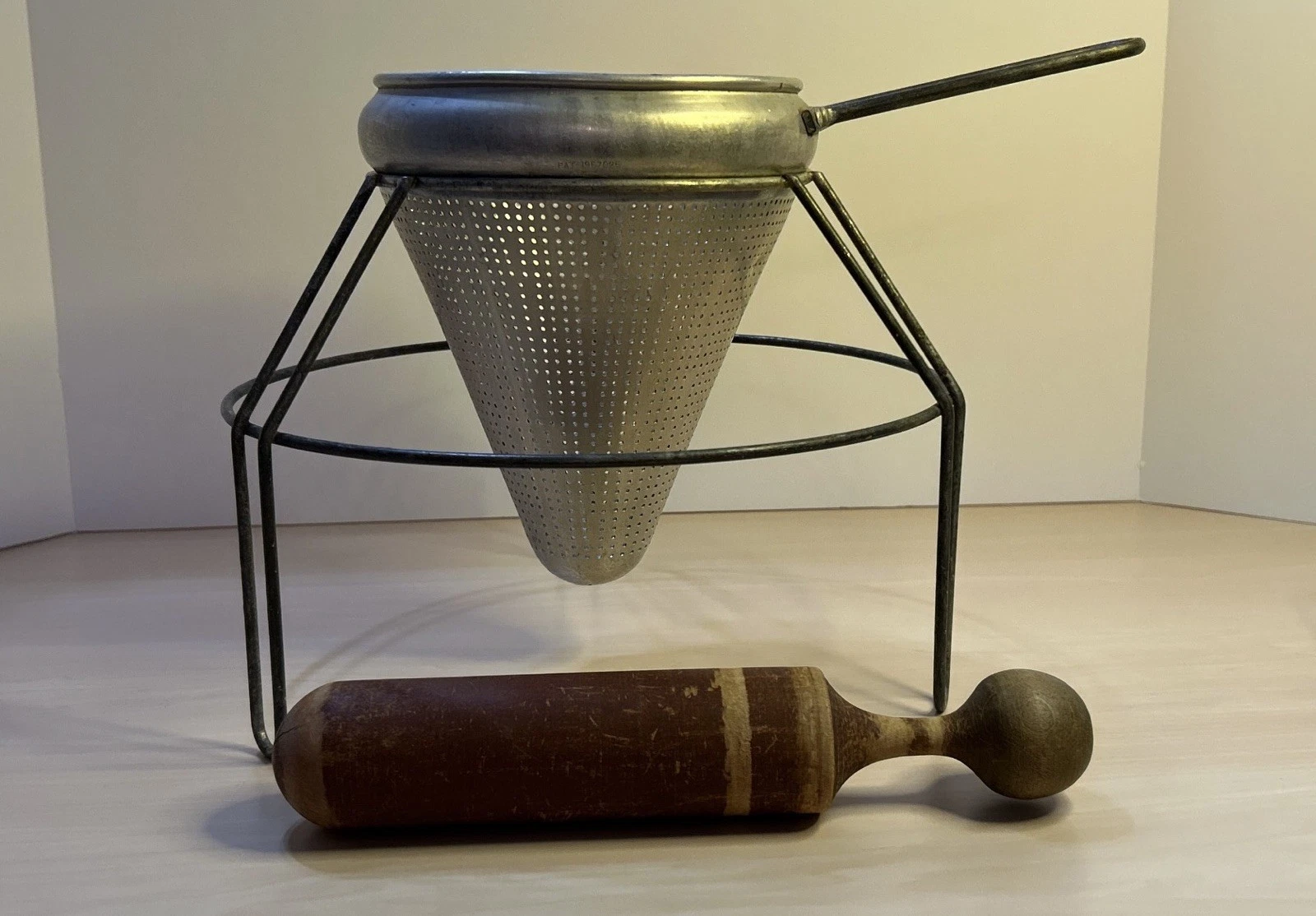 Viko Aluminum Cone Colander with Food Stand & Wood Pestle Canning/Strainer/Sieve